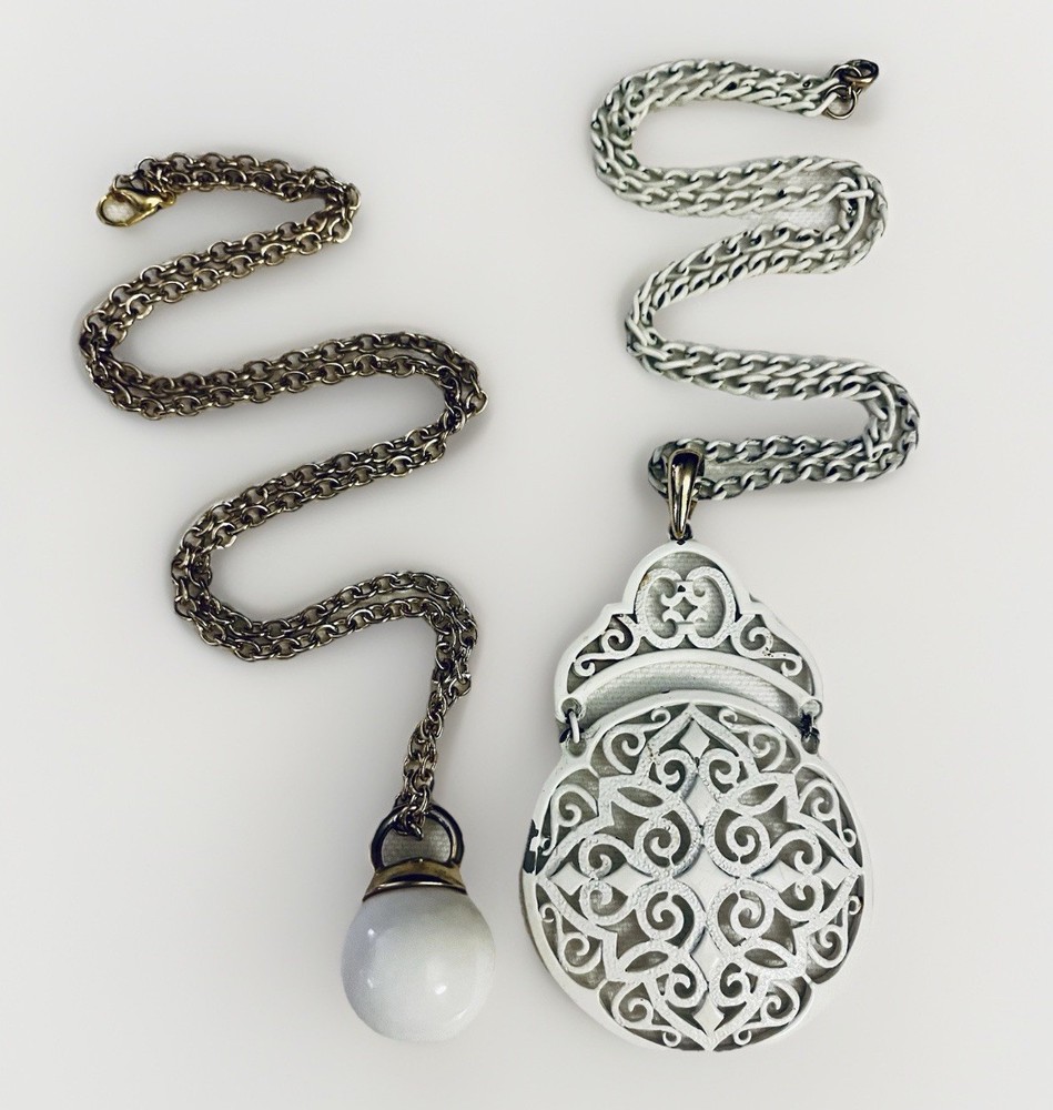 Lot 2 Vintage Longer Necklaces White Gold Tone Scroll Kettle Ball Style Pendant