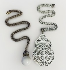 Lot 2 Vintage Longer Necklaces White Gold Tone Scroll Kettle Ball Style Pendant