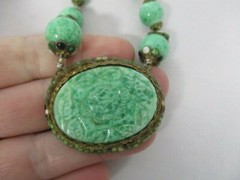 ANTIQUE FAUX JADE BEAD with CARVED FAUX JADE PENDANT CHOKER NECKLACE