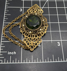 Vintage Gold Tone Filigree Brooch w/ Dark Green Stone Pearls & Swag Chains Chate