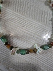 Vintage Boho Beaded Necklace Green Agate, Amber Brown Stone & Shell