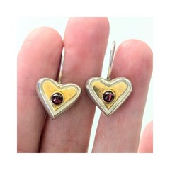 Vintage Sterling Silver Garnet Cabachon 2 Tone Heart Hook Back Earrings