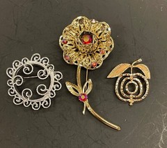3 Sarah Coventry Signed Vintage Brooches Flower Apple Filigree