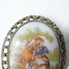 Porcelain Pin Romantic Couple w/ Brass Filigree Frame Oval Vintage Brooch