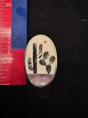 Silver colored Oval Shell Inlay Brooch Pin Signed 2in Nature Theme