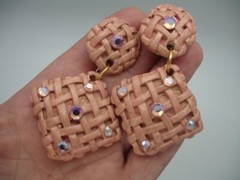vtg. JEFF LIEB clip on dangle jeweled weave pattern earring set pink multicolor