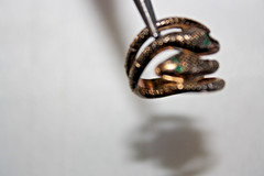 Vintage Signed STERLING ESPO Gold Tone Rhinestone Eye Double Snake Ring Sz 5.5