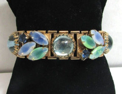 Vintage 1950’s-60’s Opaline Navette Cabochon Rhinestone Glass Gold Tone Bracelet
