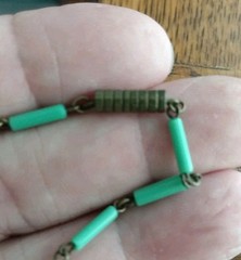 Antique Art Deco Czech Green And Tan Carved Glass Necklace 1920s