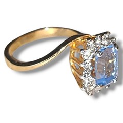 Vintage 18K HGE Light Blue CZ Halo Cocktail Ring Gold Tone Statement Size 8