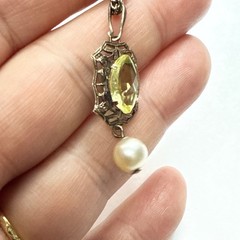 Vintage Filigree Pendant Necklace Yellow Citrine Glass Pearl Drop Gift For Her