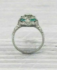 Art Deco Round Lab Created Diamond & Emerald Wedding 14Ct White Gold Finish Ring