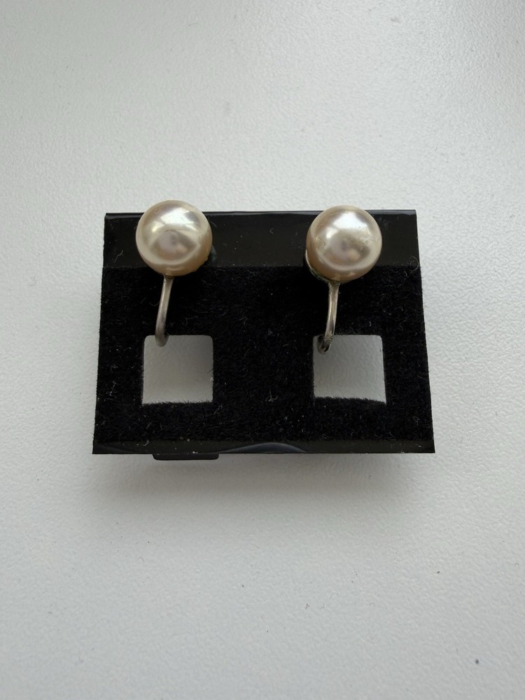 VTG EVCO Pearl Screw Back Earrings Silver Tone MCM Old Money Wedding 50s Retro