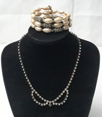 Lot of 2 Vintage Rhinestone Necklace and Faux Pearl Cuff Bracelet