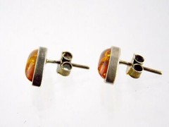 Sterling Silver Orange Amber Cabochon Stud Earrings .5 Inch Length 2.5g