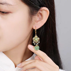 Vintage Green Jade Tassel Earrings Chinese Style Dangle Earrings For Women-