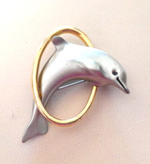 Vintage 1980’s FAF FaFard Pewter & 18K Gold Plated 2″ Jumping Dolphin Brooch Pin