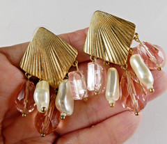 Lovely Chandelier Drop Earrings Pink Glass Crystal & Faux Pearls Gold Tone Post