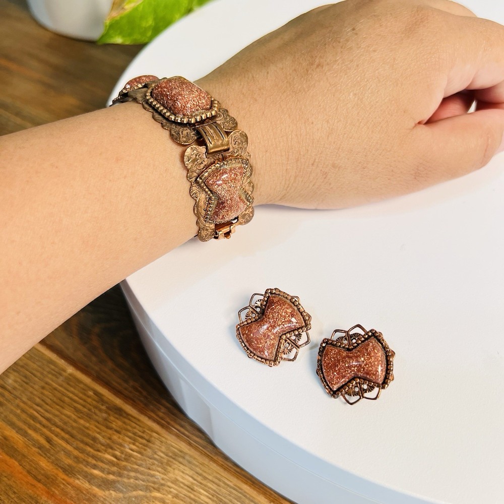 Vintage Copper Glitter Confetti Bracelet & Earrings Set