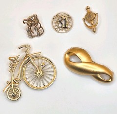 Vintage Avon Gold Tone Pin/Brooch Lot Bicycle, Bear, 81, Seller, Infinity
