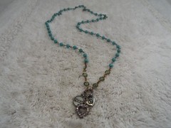 AEO Silvertone Blue Green Bead Peace Heart Charm Pendant Necklace (B13)