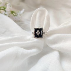 Antique Art Deco Vintage Black Onyx & Lab-Created Diamond Gift Ring 925 Silver