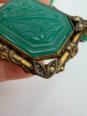 Vintage Necklace Art Deco Green Art Glass Pressed Asian Pendant PJ