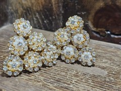 HASKELL Signed Gold Tone Faux Pearl Rhinestone Cluster Clip-On Lobe Earrings