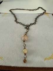 Vintage Style Bronze Tone Y Drop Necklace Champagne Amber Beads 22″