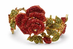 Vintage Red Rhinestone Rose Necklace Bracelet Set Gold Tone Floral Statement Jew