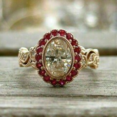 Art Deco Oval Cut Lab Created Diamond & Ruby Halo Wedding Bridal 925 Silver Ring