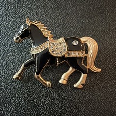 Rhinestone And Black Horse Brooch