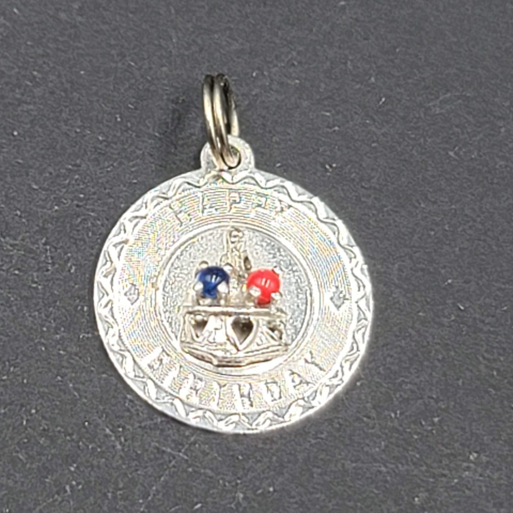 Vintage 3D Happy Birthday Cake Enamel CREA Sterling Silver Charm Pendant 7/8″