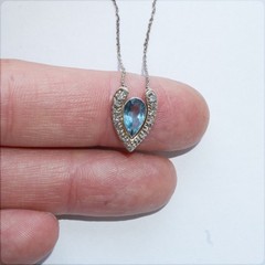 14K White Gold Blue Aquamarine Diamond Artistic Pendant Necklace, 18 Inch Chain