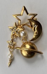 VTG Crescent Moon Stars & Saturn Brooch / Gold Tone Metal W/ Faux Pearls 3”
