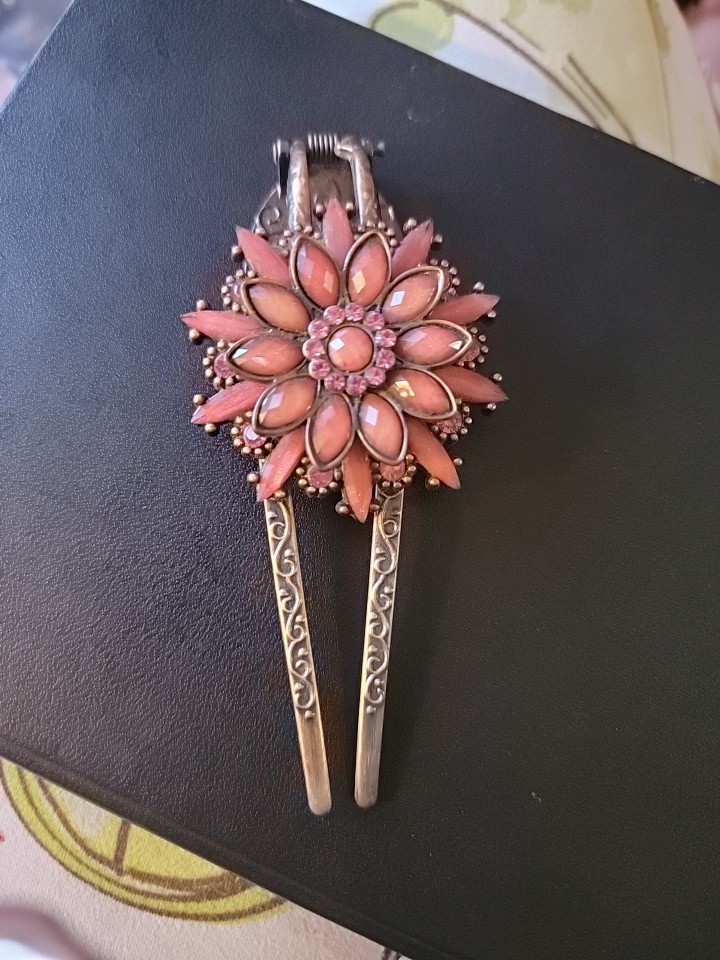 Ornate Copper Vintage Clip 4 Inch Spring Jeweled Flower Rhinestones