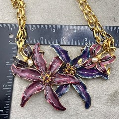Vintage Kenneth Lane Statement Necklace Gold Tone Purple Lily Flower KJL 16”