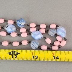 Vintage Art Deco Beaded Necklace Blue Givre Pink Milk Glass 59″ Long Flapper