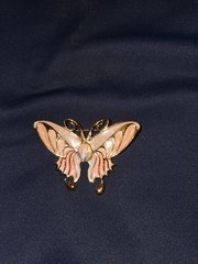 Vintage Gold Tone Butterfly Brooch Pink Enamel Faux Opal Cabochon Pin 2.5”