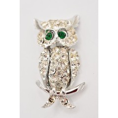 Vintage Crystal Owl Brooch Pin Rhinestone Green Eyes Silver Tone Sparkling Bin1