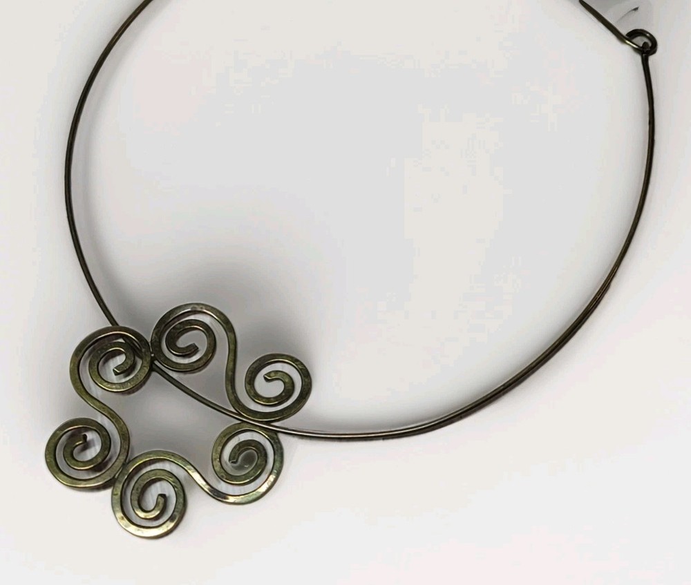 Vintage Art Nouveau Style Brass Choker Necklace Swirl Pendant Boho