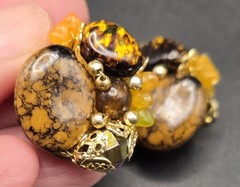 Vintage HONG KONG Clip On Earrings Amber Glass Stone Cluster Gold Tone