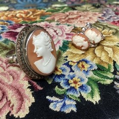 Semi Antique Shell Cameo Silver Ring & Earring