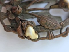 Antique Embossed Floral Bronze Metal Art Nouveau Pearl Flower Brooch Pin