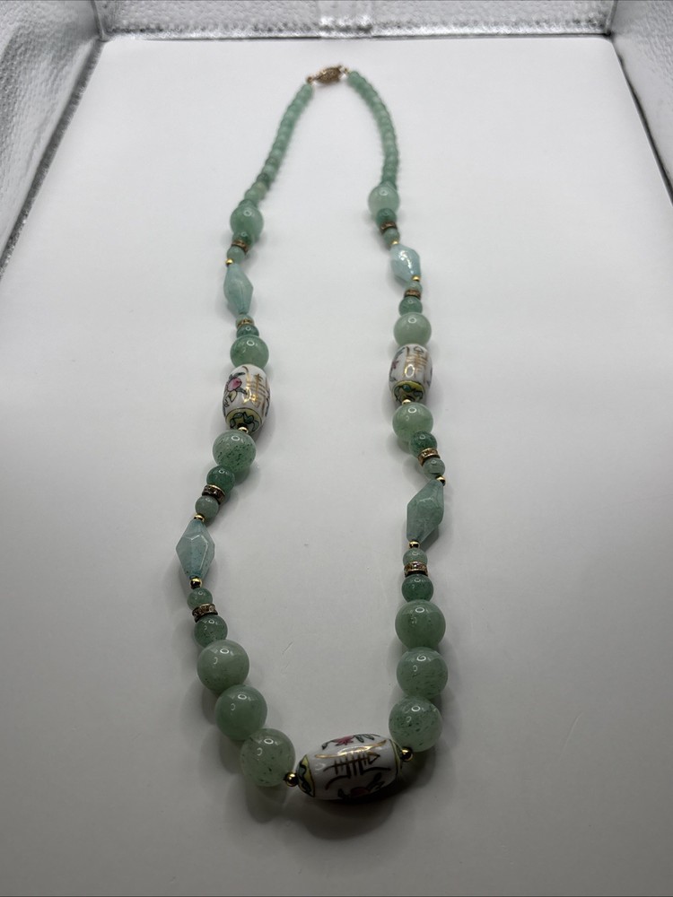 Vintage Chinese Hand-Painted Porcelain and Green Jade Beaded 34”Necklace