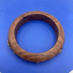 Vtg Wood Cuff Bangle Bracelet Brass Sun & Studs Celestial Boho Whimsigoth 5.5”