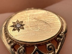 Antique 10K Yellow Gold Signet Ring With Diamond In Sun, Size 5.5 PSCO Filigree
