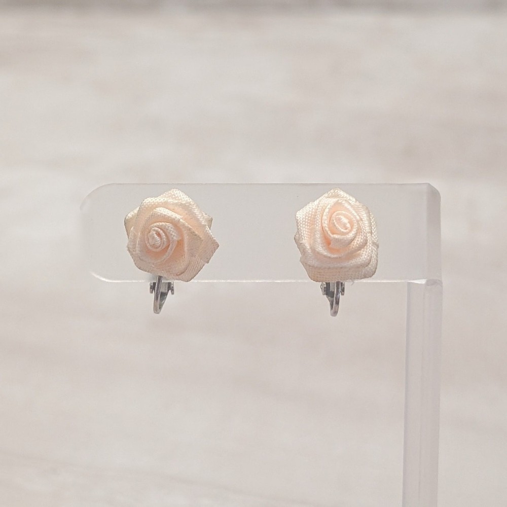 Vintage Clip On Earrings Very Light Peachy Pink Fabric Rose