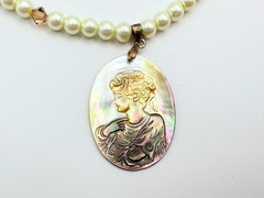 Faux Pearls & Pink Rhinestones Necklace With Carved Mother of Pearl Cameo VTG