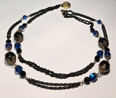 VINTAGE STYLE COLBALT BLUE & BLACK CRYSTAL w/BLACK 2 STRAND CHAIN NECKLACE
